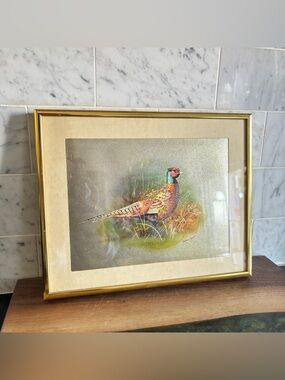Vintage Framed Basil Ede The Pheasant Foil Art Print - Rustic English Farmhouse